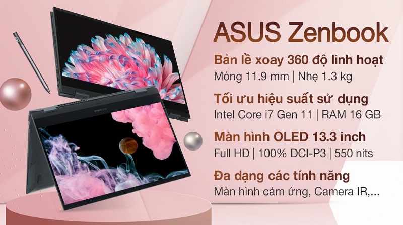 Laptop ASUS ZenBook UX363EA i7 1165G7 có thể linh hoạt sử dụng ở nhiều tư thể với bản lề 360 độ